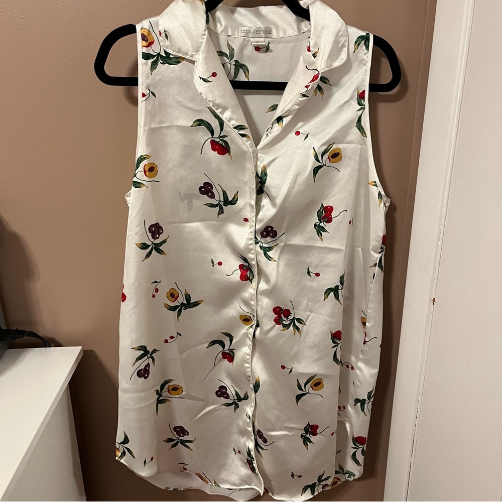 Vintage Y2K Opulence White Satin Fruit Print Tunic Top Dress